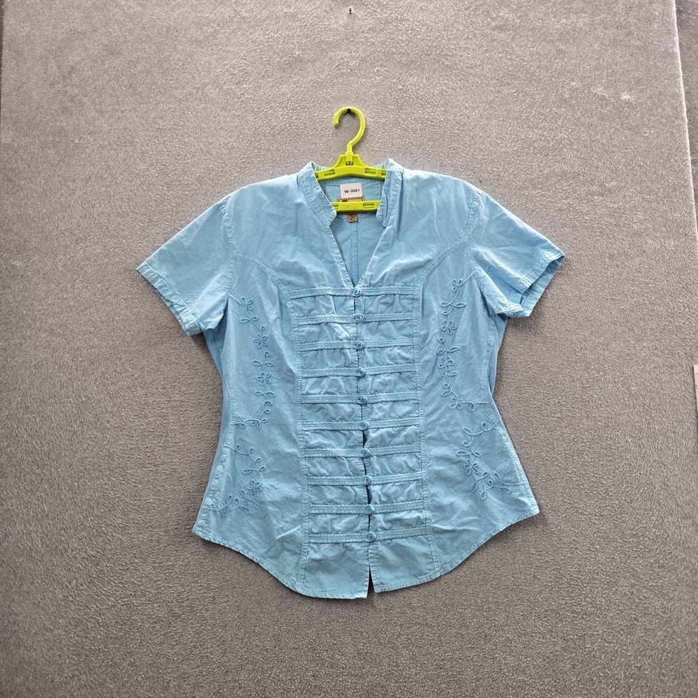 Scully Women‎ Button Up Shirt XL Light Blue Western Embroidered V-Neck Peruvian
